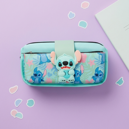 Large capacity Stitch character pencil case in mint green with multiple zippers and tropical leaf pattern.