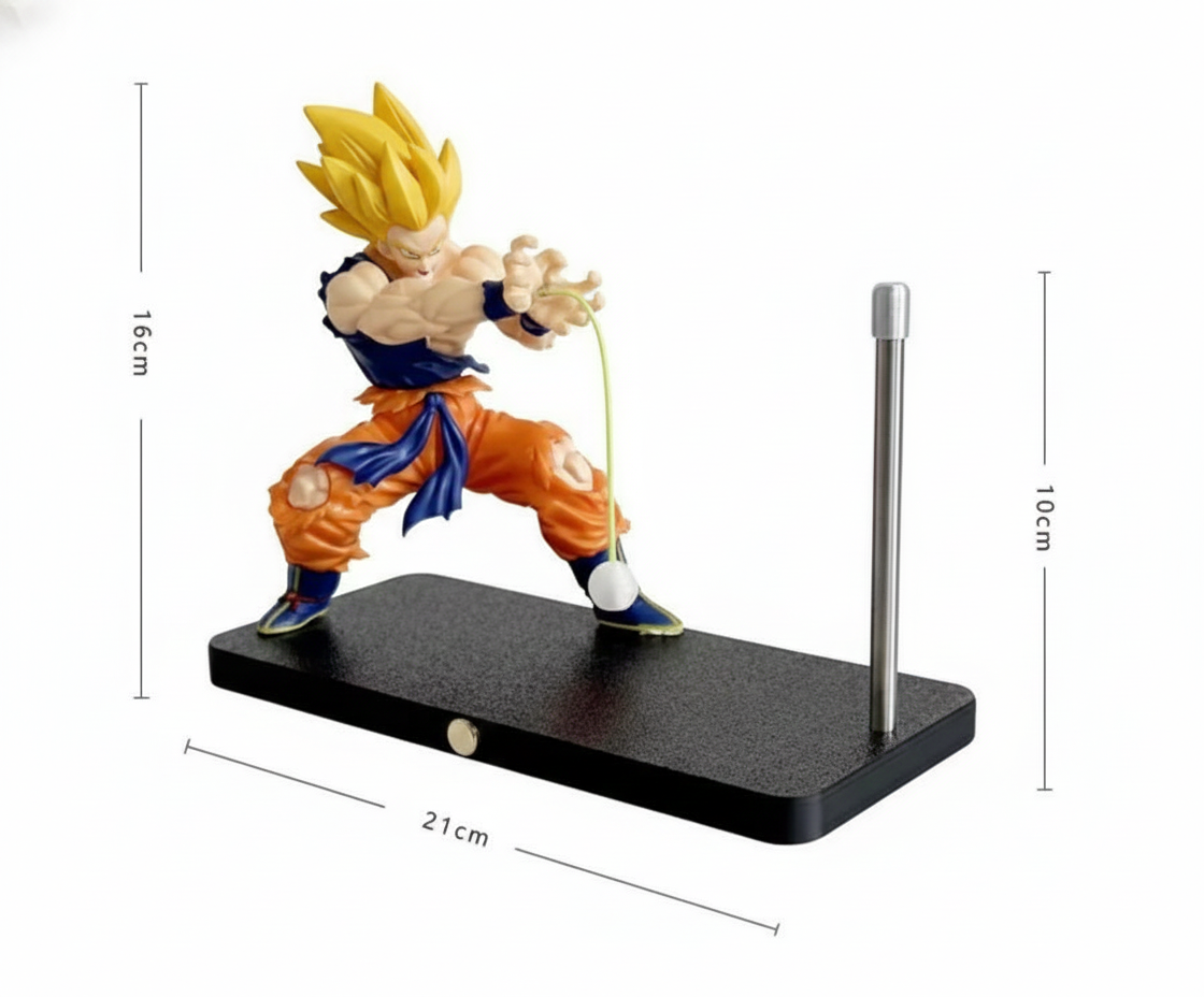 Action figure on a stand with dimensions indicated