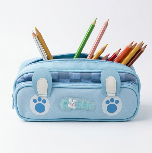 Cute pencil case bunny design with embroidery detailing blue