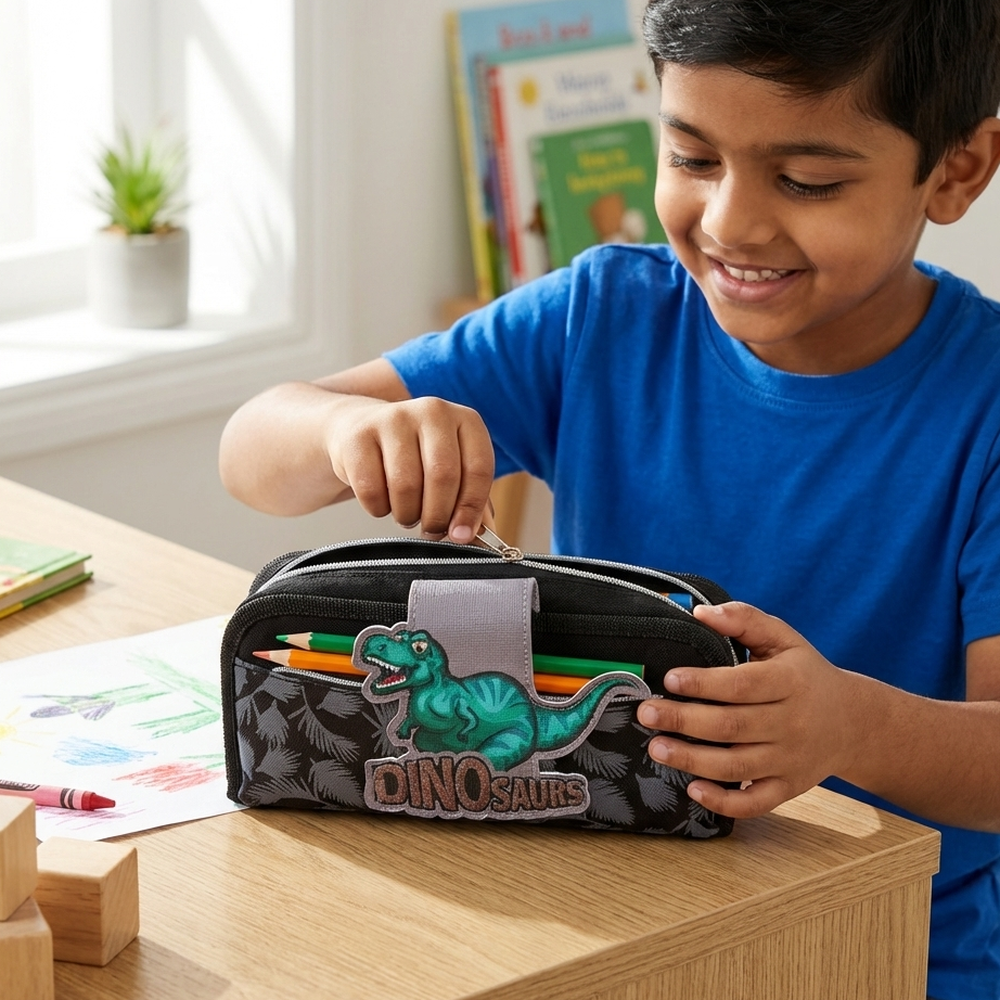 Dinosaur T-Rex pencil pouch black grey front view for kids boys