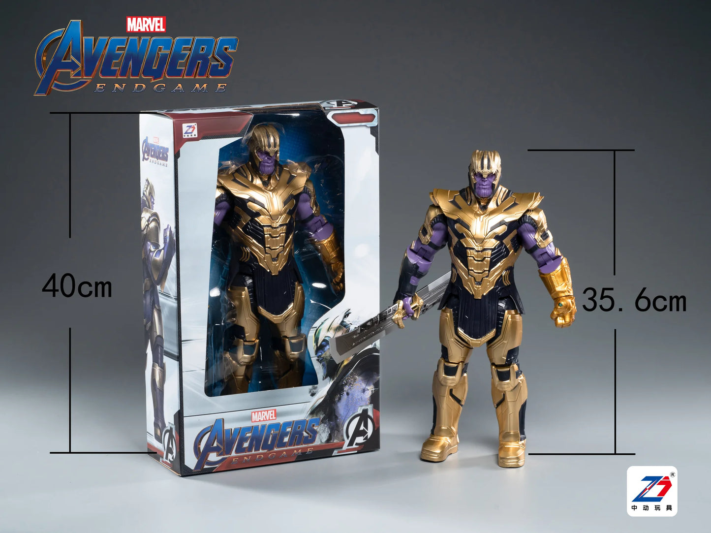 Marvel Avengers Endgame Thanos action figure with packaging and measurements on a gray background