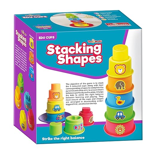 ToyMate Stacking Shapes Edu Cups 6 colourful animal stacking cups with balance plate for toddlers 12 months plus