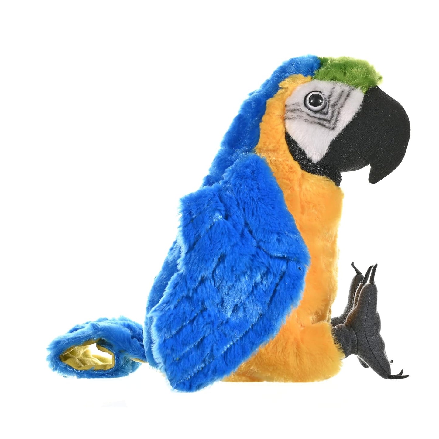 Plush parrot toy with blue and orange feathers on a white background