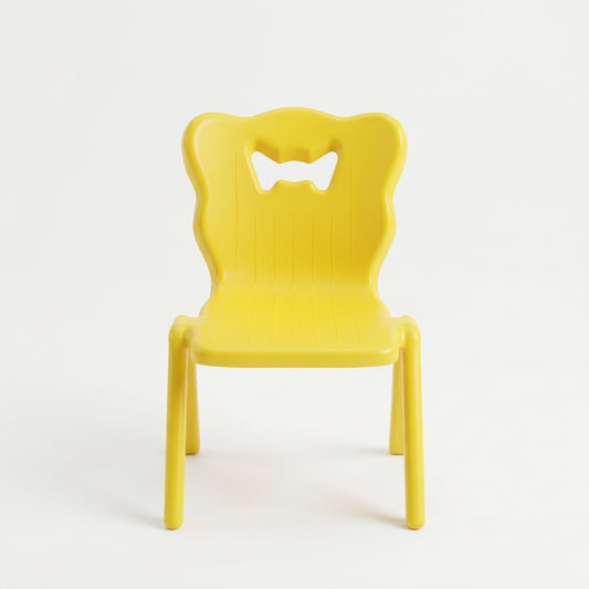 Yellow kids fancy plastic chair with decorative crown backrest for toddlers and children