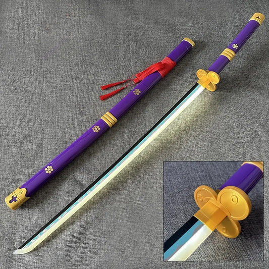 Zoro Purple Enma LED Katana Sword with glowing blade and scabbard
