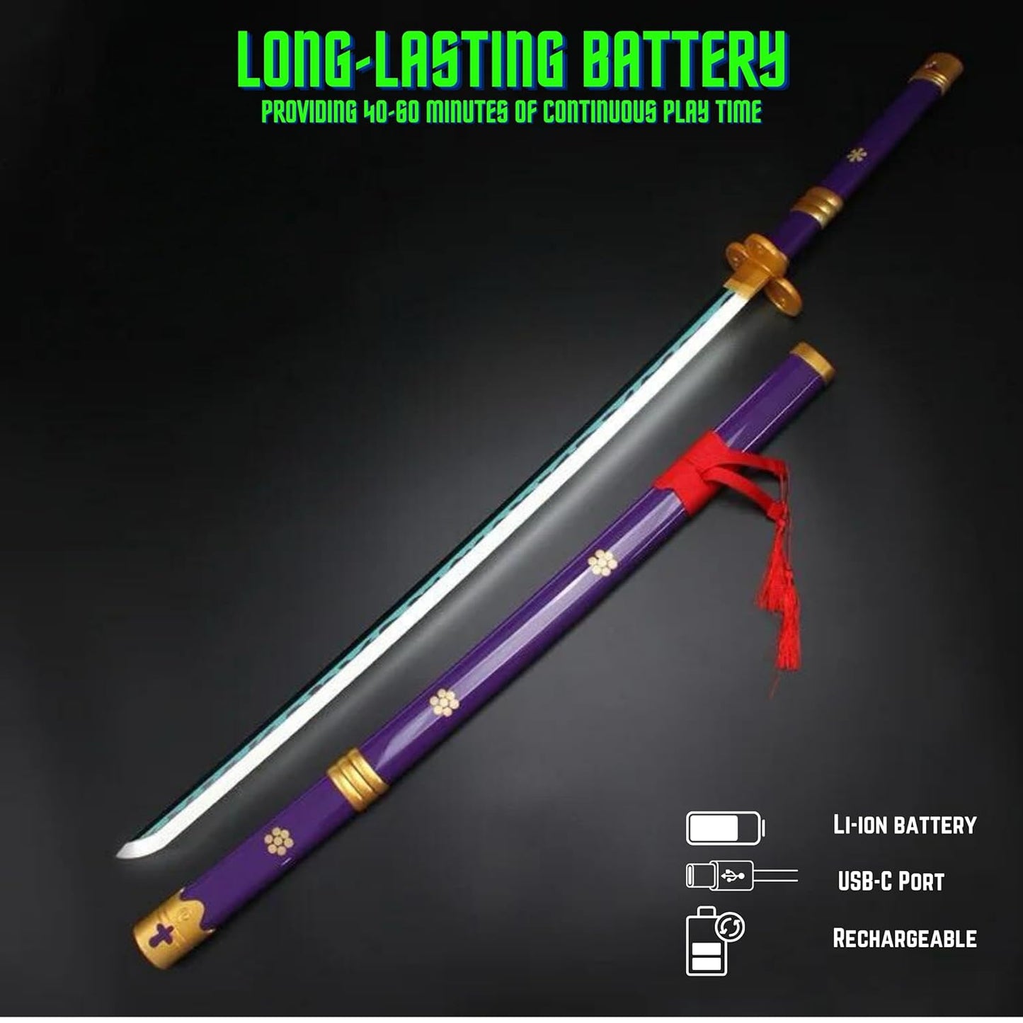 Rechargeable sword with purple handle and green blade on a black background, featuring text about battery life and charging.