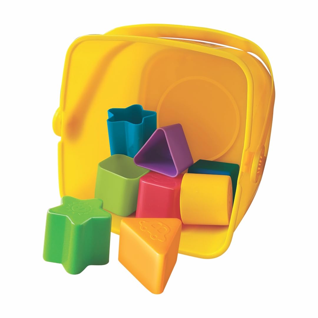 Baby toddler playing with yellow shape sorter bucket and 10 colourful geometric shape pieces