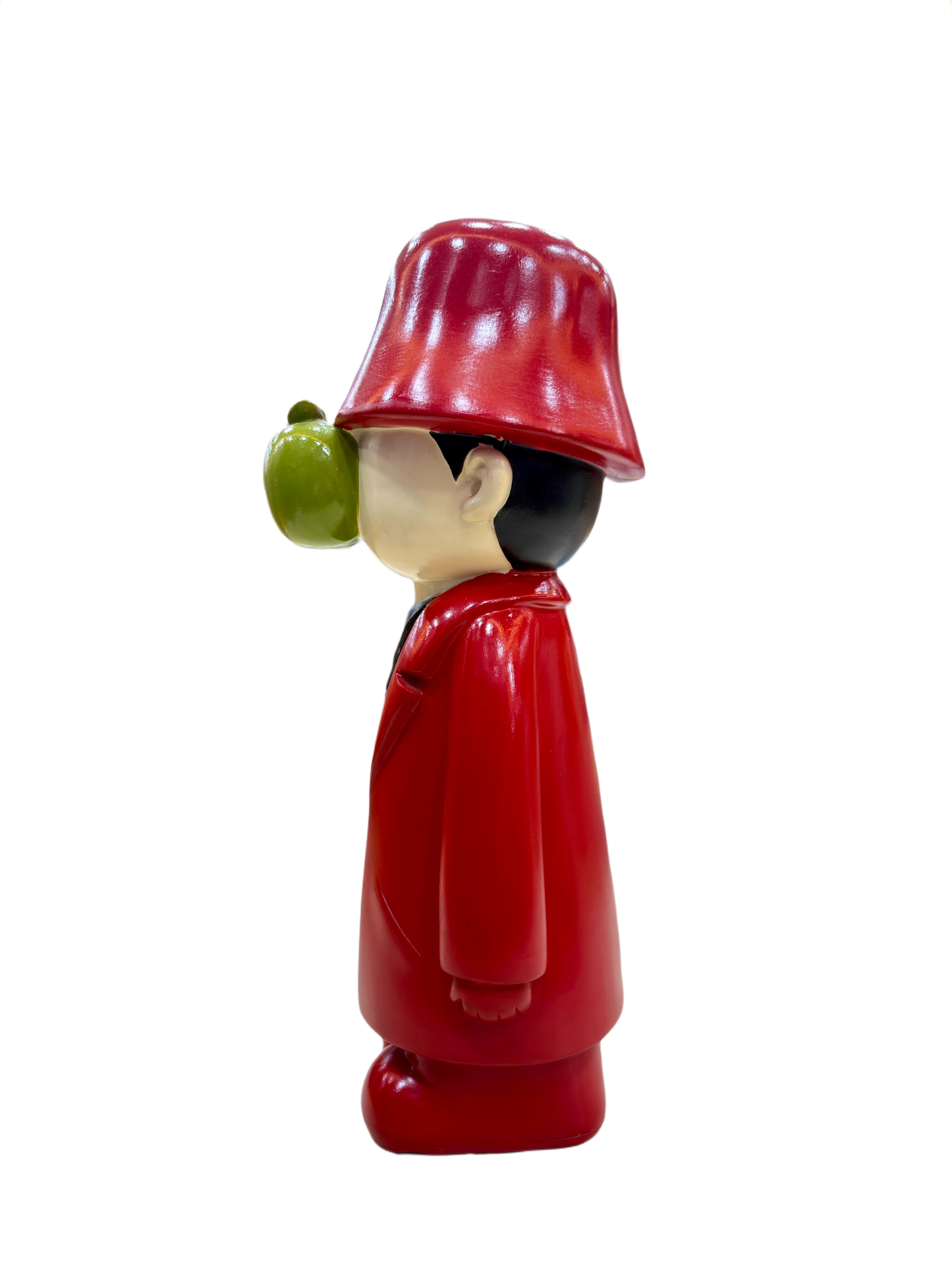 13.5 Inch Urban Swag Resin Showpiece – Red Coat Figurine with Green Apple Face & Dollar Chain