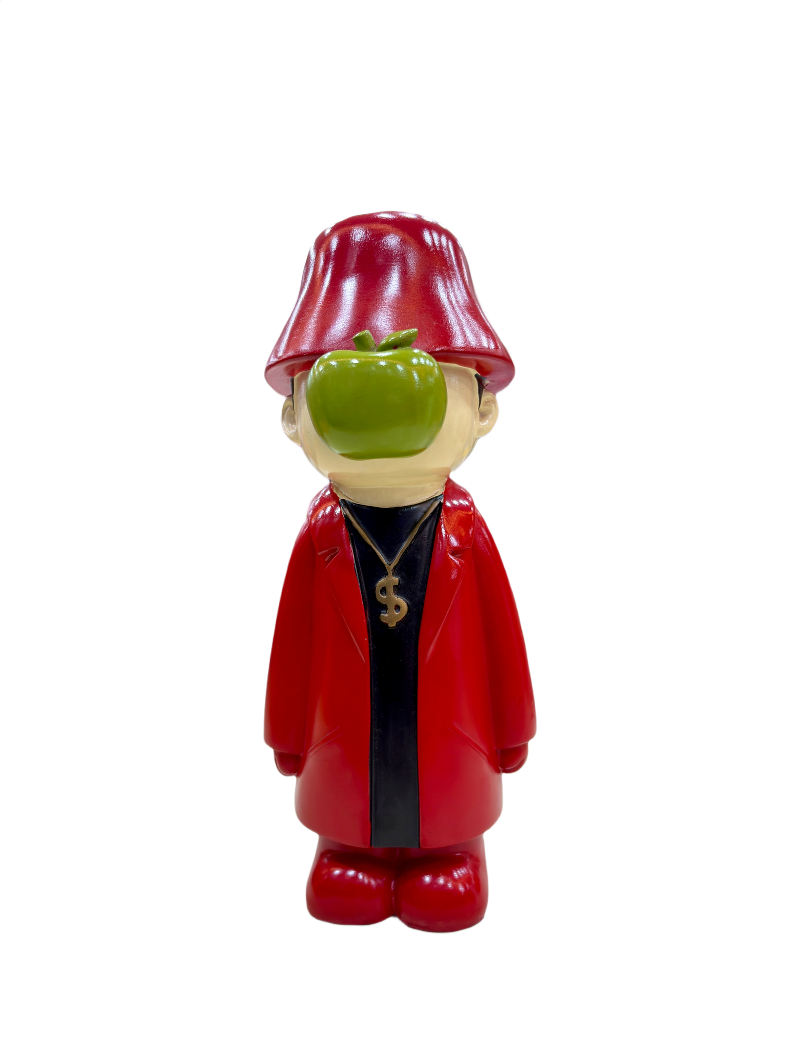 13.5 Inch Urban Swag Resin Showpiece – Red Coat Figurine with Green Apple Face & Dollar Chain