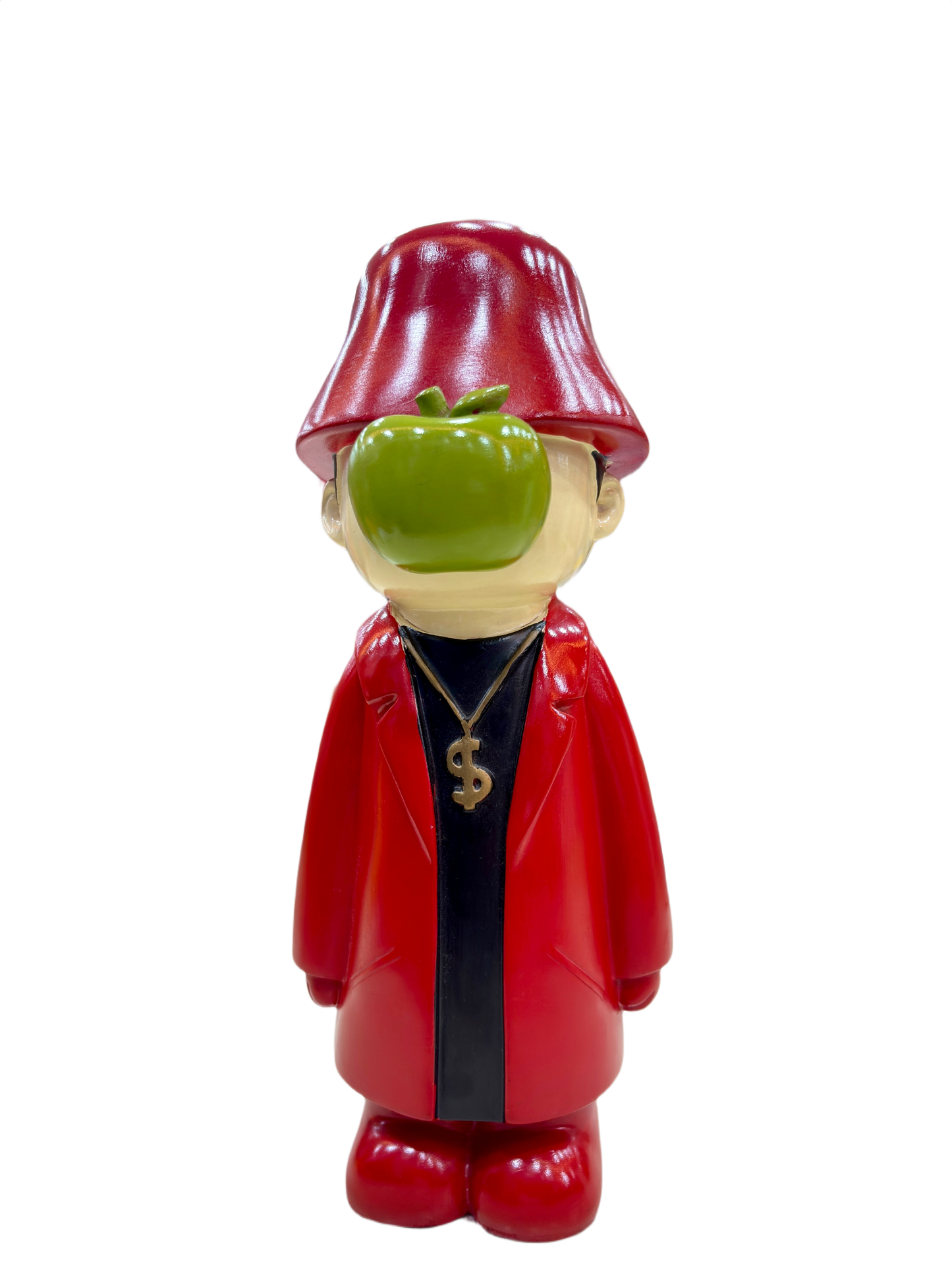 13.5 Inch Urban Swag Resin Showpiece – Red Coat Figurine with Green Apple Face & Dollar Chain