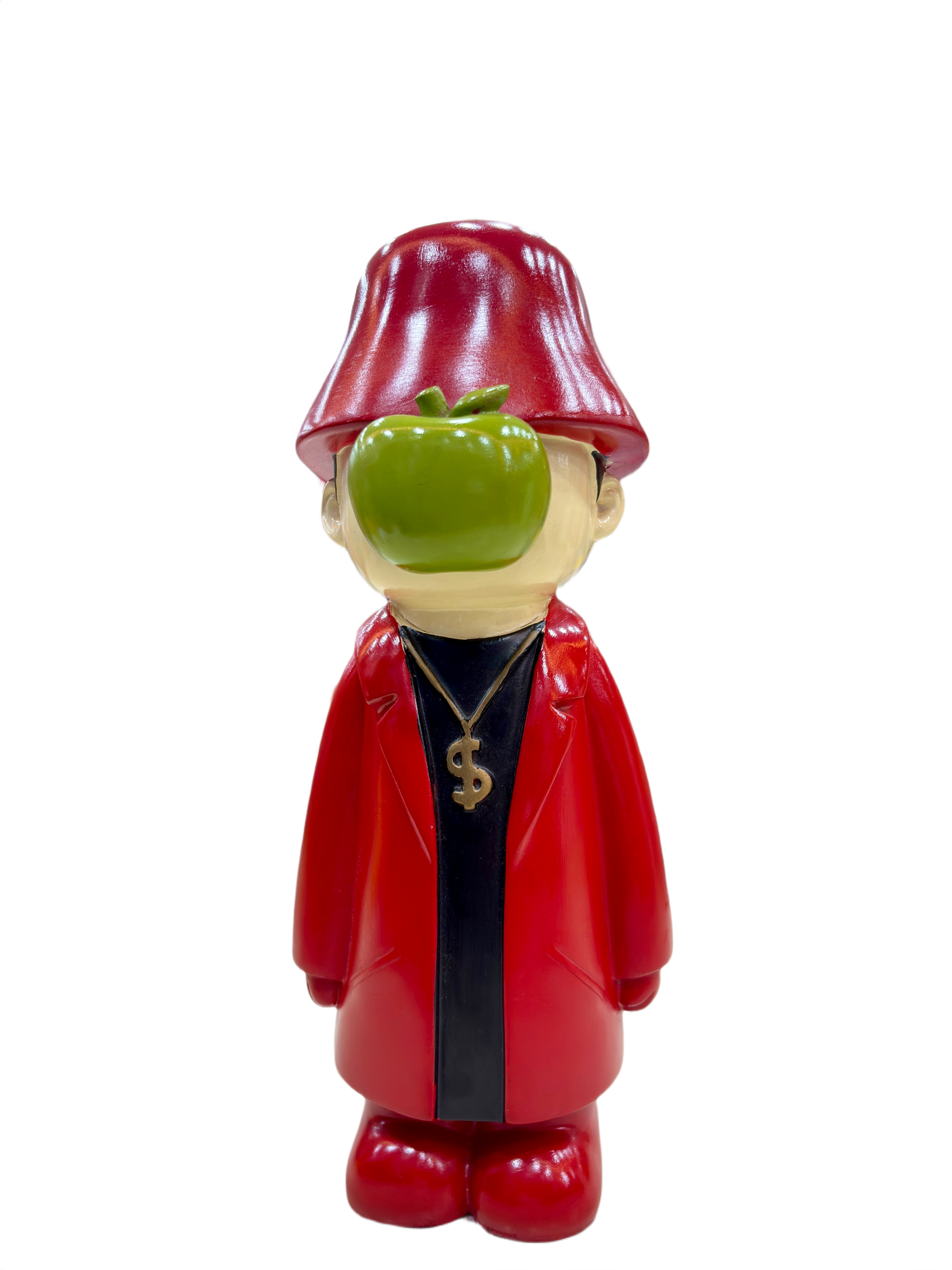 13.5 Inch Urban Swag Resin Showpiece – Red Coat Figurine with Green Apple Face & Dollar Chain