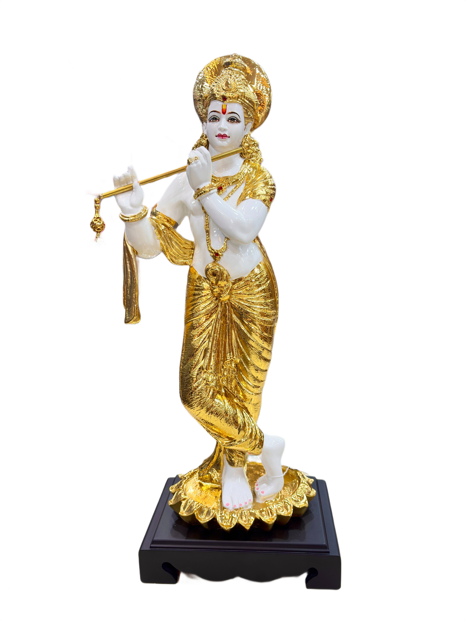 Lord Krishna Playing Flute Idol – Hand-Painted Golden Showpiece for Home Temple