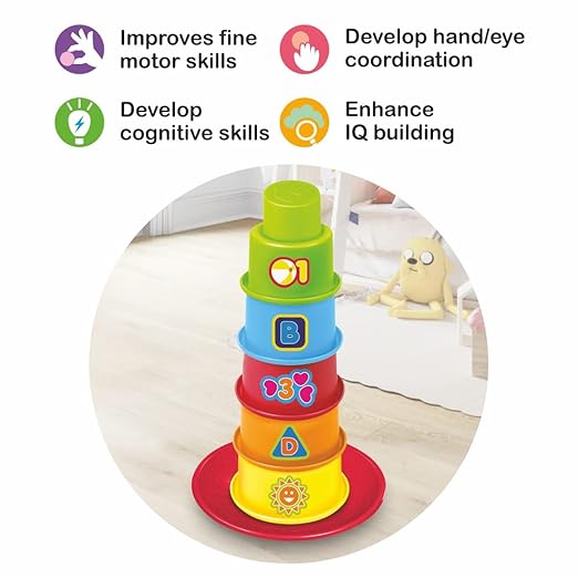 Baby toddler stacking rainbow animal print cups into pyramid tower educational toy