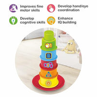 Baby toddler stacking rainbow animal print cups into pyramid tower educational toy