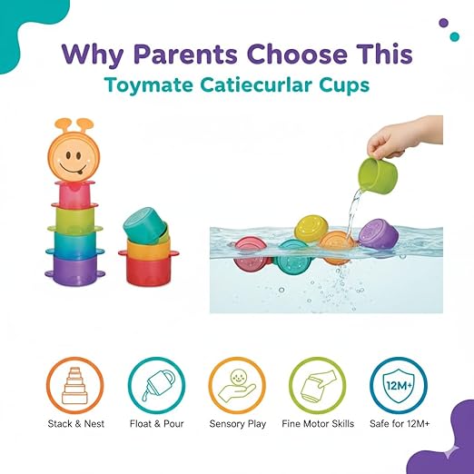 ToyMate Caterpillar Cups | Stack, Float & Catch Stacking Cups Toy | Colourful Educational Bath & Play Toy for Babies & Toddlers 12 Months+