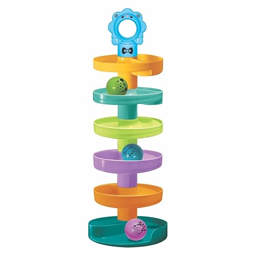Baby playing with 7-tier cat spiral rolling ball tower screen-free toddler activity