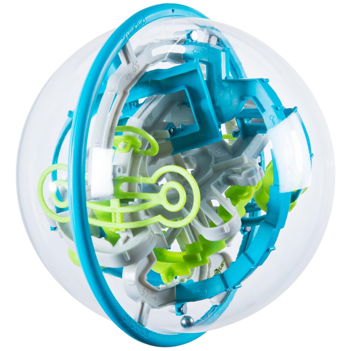 Complex mechanical ball toy with blue, white, and green colors on a white background