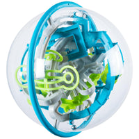 Complex mechanical ball toy with blue, white, and green colors on a white background
