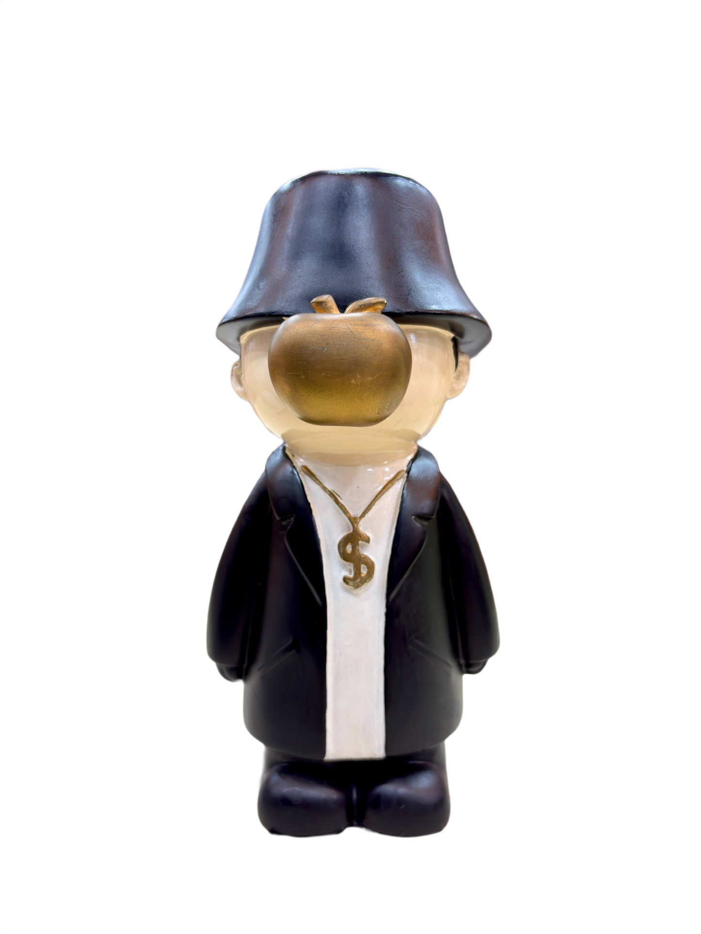 Front view of 9.5 inch resin showpiece in black coat with golden apple face and dollar chain, modern art figurine for home décor