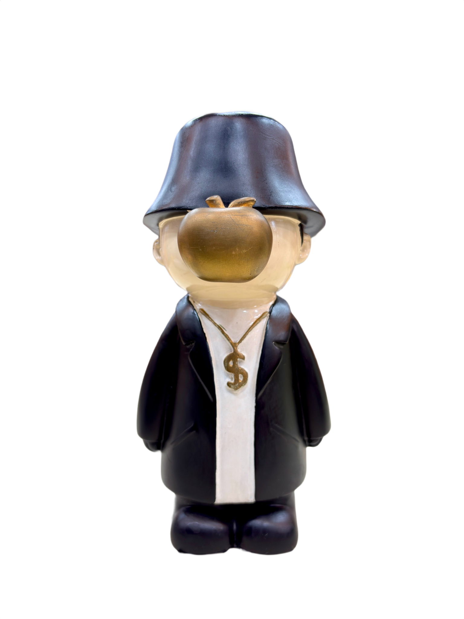 Front view of 9.5 inch resin showpiece in black coat with golden apple face and dollar chain, modern art figurine for home décor