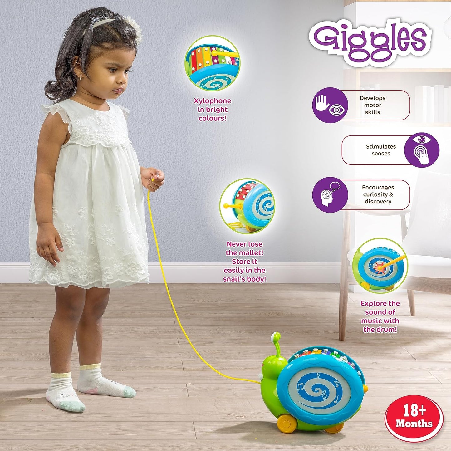 Giggles Funskool Pull Along Musical Snail Toy – Xylophone & Drum, Activity & Learning Toy for Babies & Toddlers, Encourages Walking, Improves Balance, Multicolor, Gift Set for Ages 12+ Months