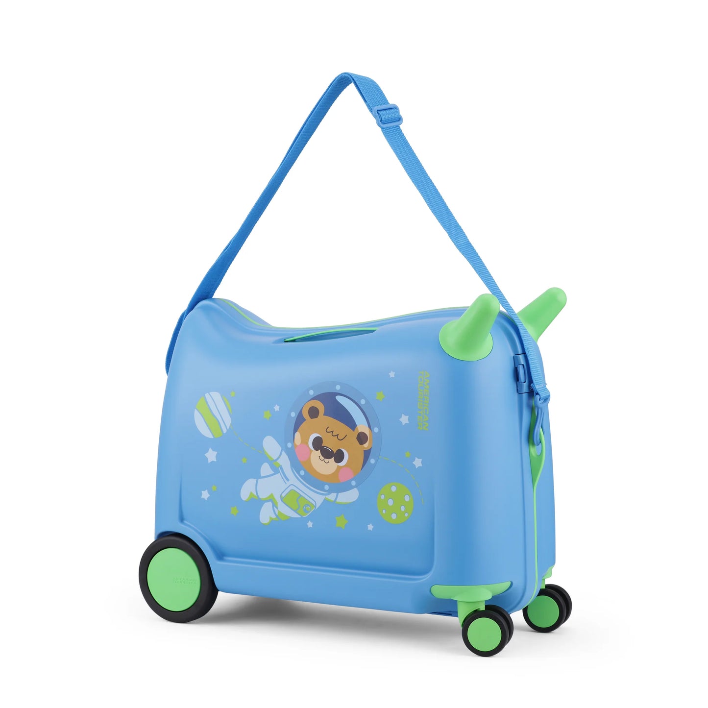 Traveler Pulling American Tourister Skiddle Spinner Luggage in Airport