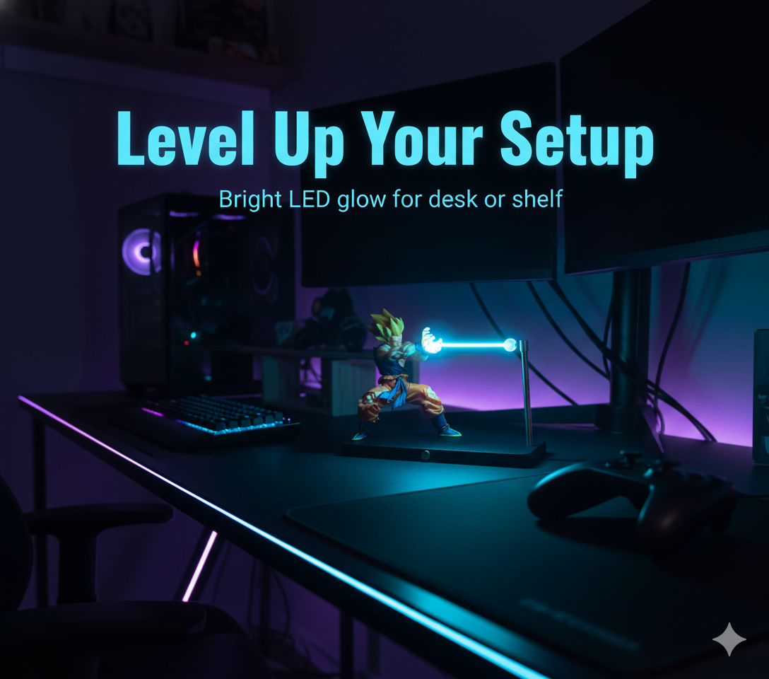 Gaming setup with goku action figure on a desk, featuring text 'Level Up Your Setup'.