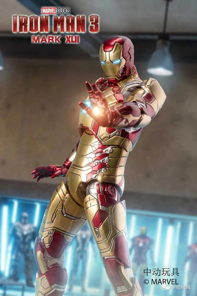 Iron Man toy figure from Iron Man 3 with glowing eyes in a dynamic pose.