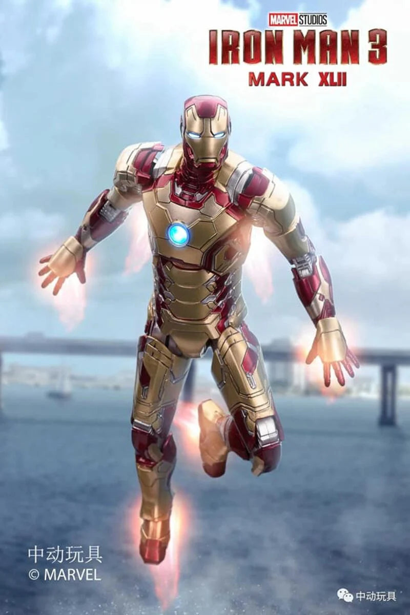 Iron Man action figure from Iron Man 3 with a cityscape background