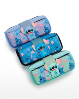 Multi-pouch display of Stitch pencil cases with 3D character straps, tropical leaf patterns, and durable zippers in blue, green, and purple shades.