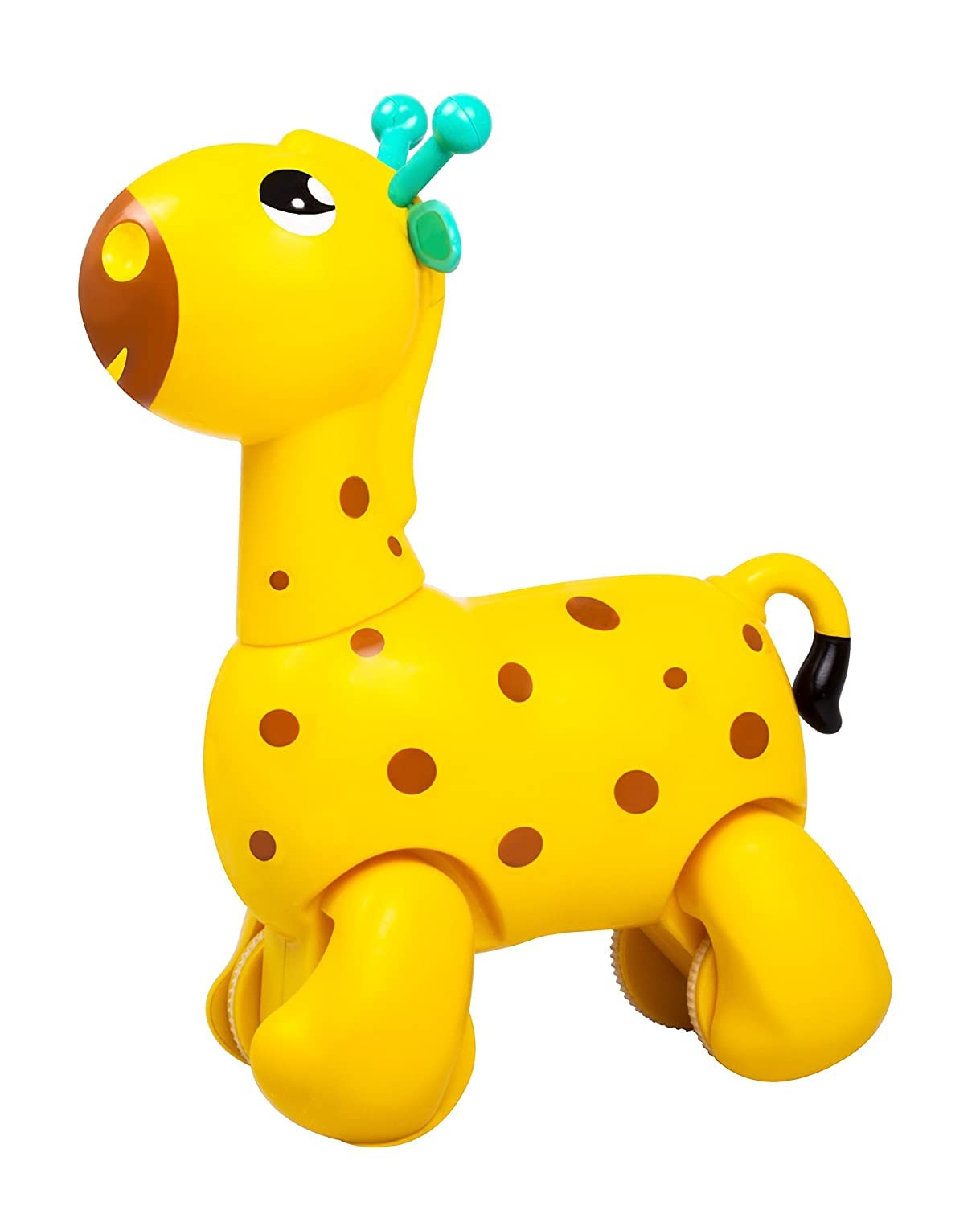 Side view of Nico the Giraffe pull along toy with smooth wheels and pull string.