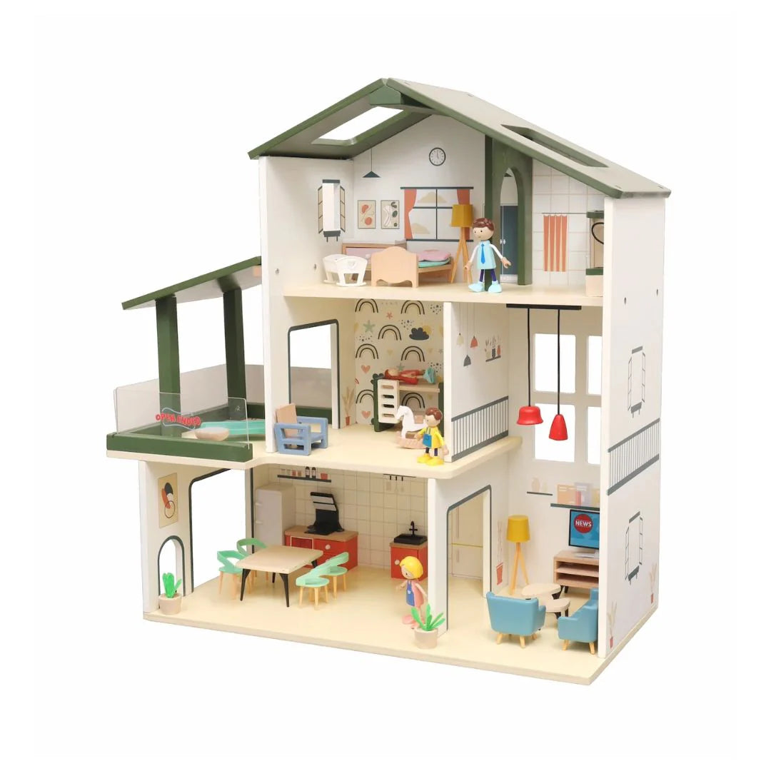 Wooden Dollhouse - Modern Villa - 31 Pcs With 4 doll figures