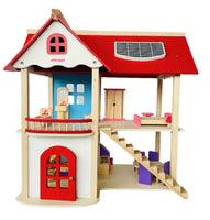 Redwood Cottage Wooden Dollhouse Playset | 2-Story Modern Wood Villa with 21 Pcs Furniture & Figures