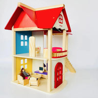 Redwood Cottage Wooden Dollhouse Playset | 2-Story Modern Wood Villa with 21 Pcs Furniture & Figures