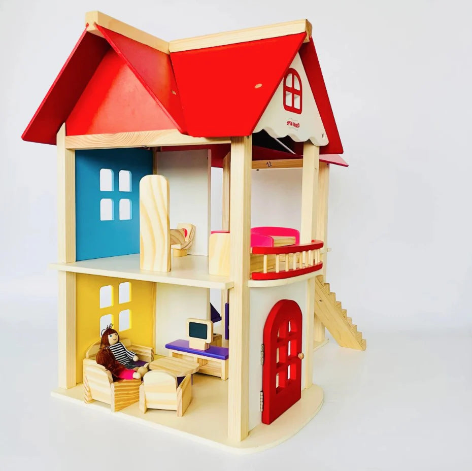 Redwood Cottage Wooden Dollhouse Playset | 2-Story Modern Wood Villa with 21 Pcs Furniture & Figures