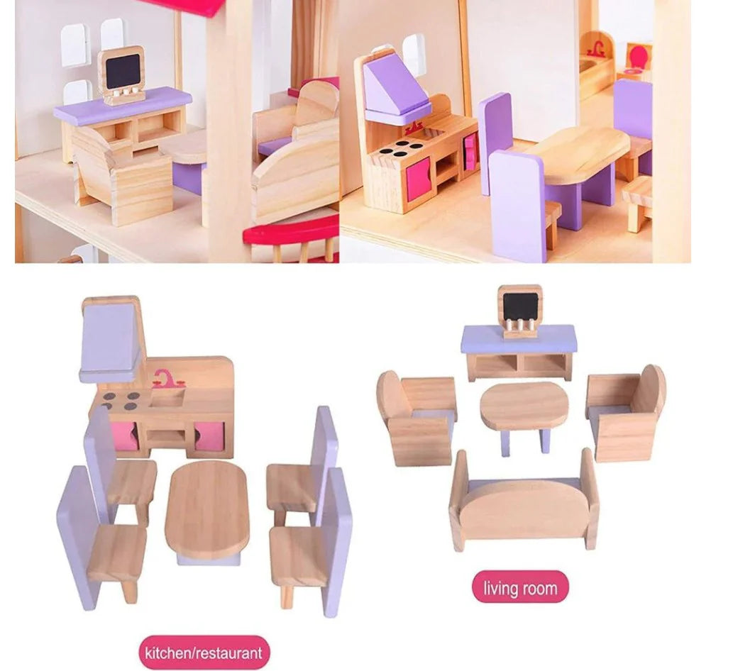 Redwood Cottage Wooden Dollhouse Playset | 2-Story Modern Wood Villa with 21 Pcs Furniture & Figures