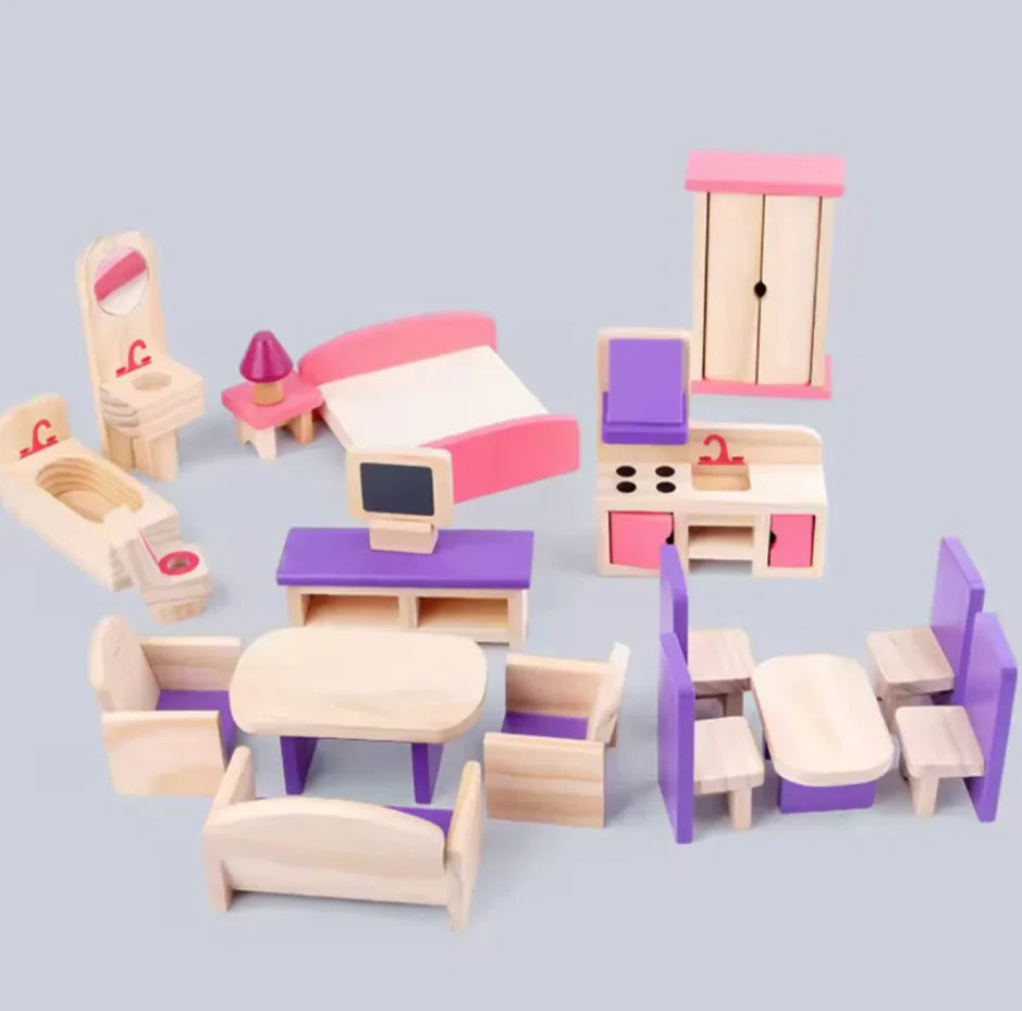 Redwood Cottage Wooden Dollhouse Playset | 2-Story Modern Wood Villa with 21 Pcs Furniture & Figures