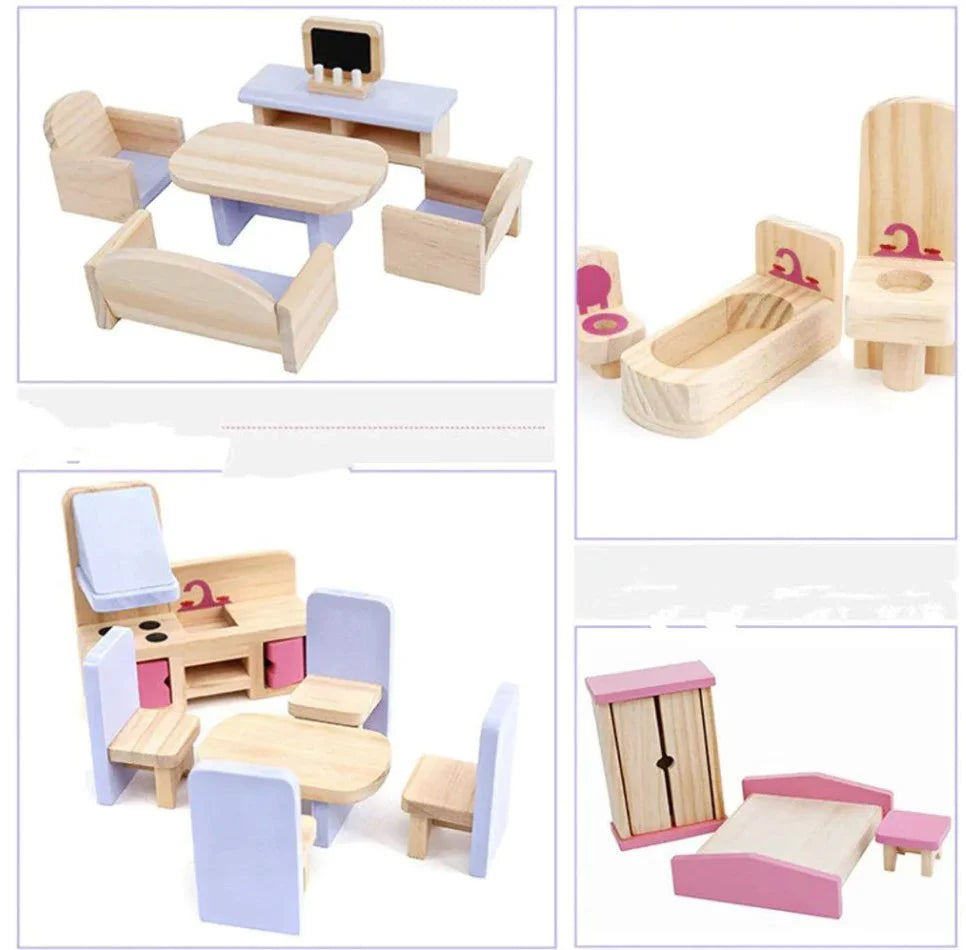 Redwood Cottage Wooden Dollhouse Playset | 2-Story Modern Wood Villa with 21 Pcs Furniture & Figures