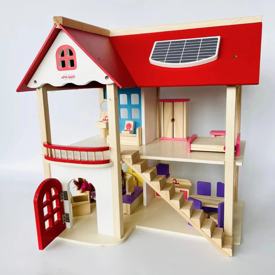 Redwood Cottage Wooden Dollhouse Playset | 2-Story Modern Wood Villa with 21 Pcs Furniture & Figures