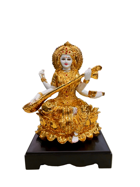 Handcrafted Saraswathi Goddess statue in white and golden poly stone, perfect for pooja room, study, and spiritual décor