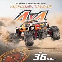 Off-road ready 4x4 vehicle with desert background and speedometer graphic