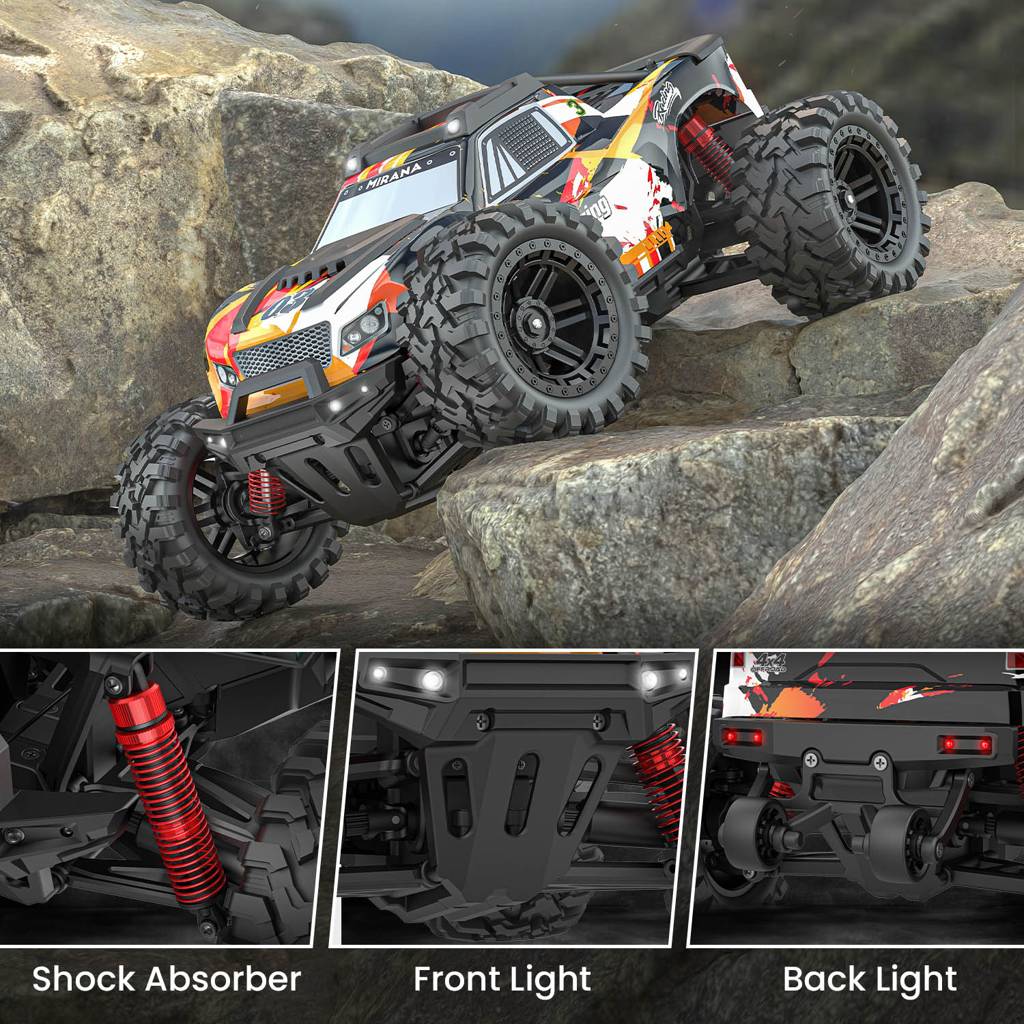 Toy truck climbing rocks with close-up details of shock absorber, front light, and back light.
