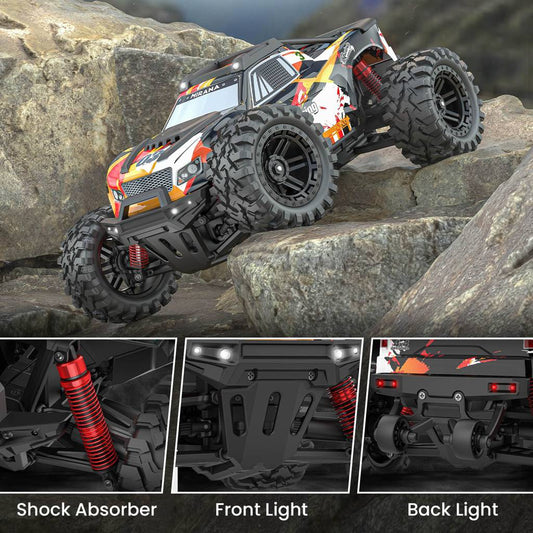 Toy truck climbing rocks with close-up details of shock absorber, front light, and back light.