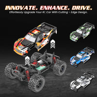 Collection of RC cars with 'Innovate. Enhance. Drive.' text on a dark background