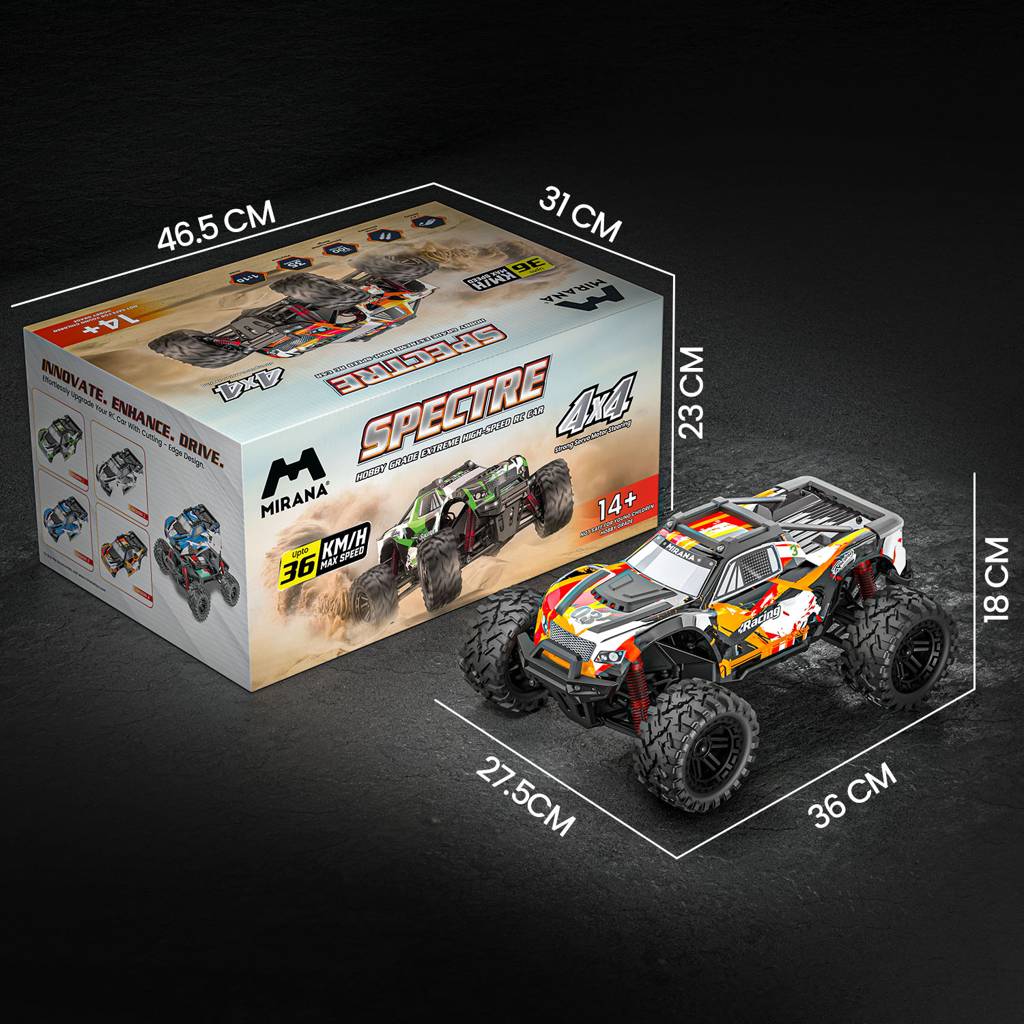 Toy truck and packaging with dimensions on a dark background