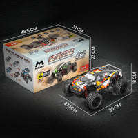 Toy truck and packaging with dimensions on a dark background