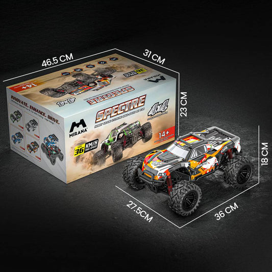 Toy truck and packaging with dimensions on a dark background