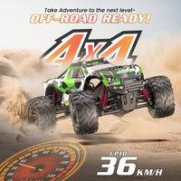 High-speed RC monster truck with 36 km/hr top speed and lightning acceleration.