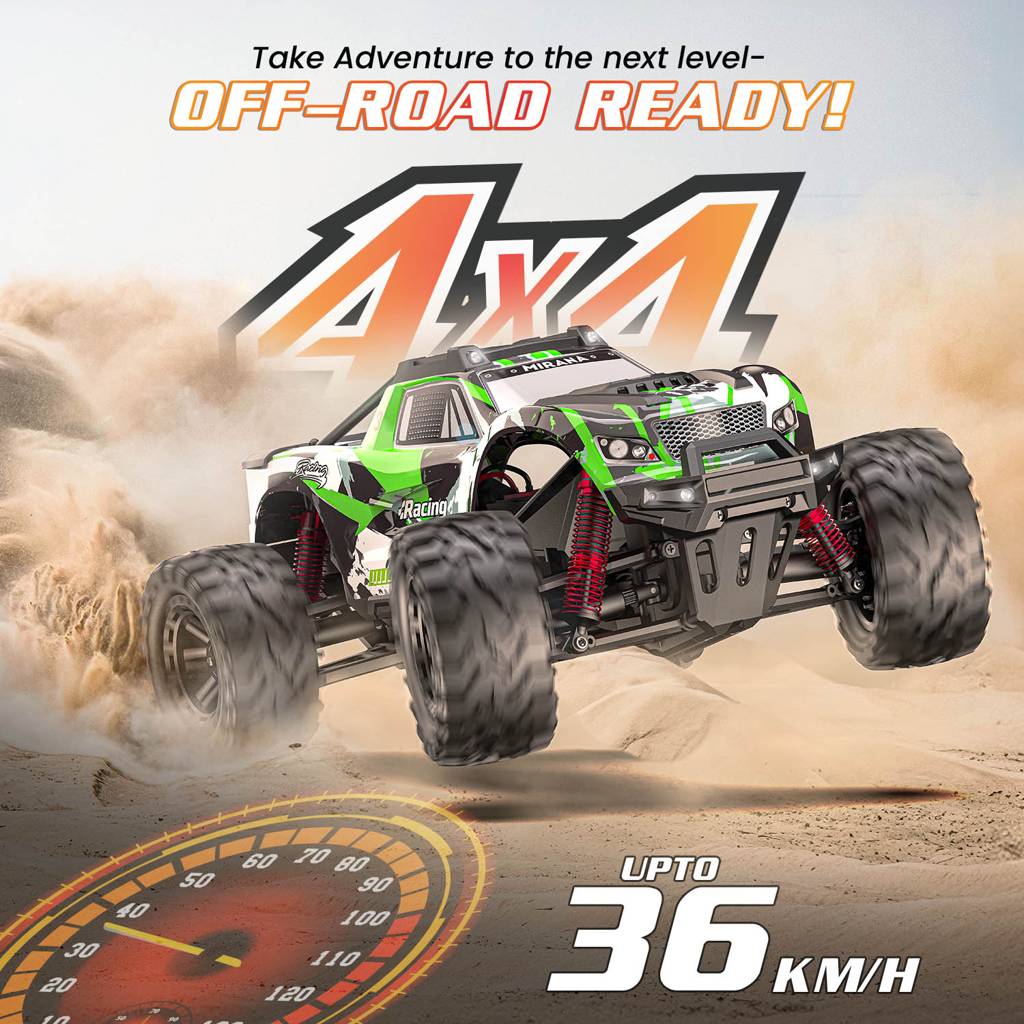 High-speed RC monster truck with 36 km/hr top speed and lightning acceleration.