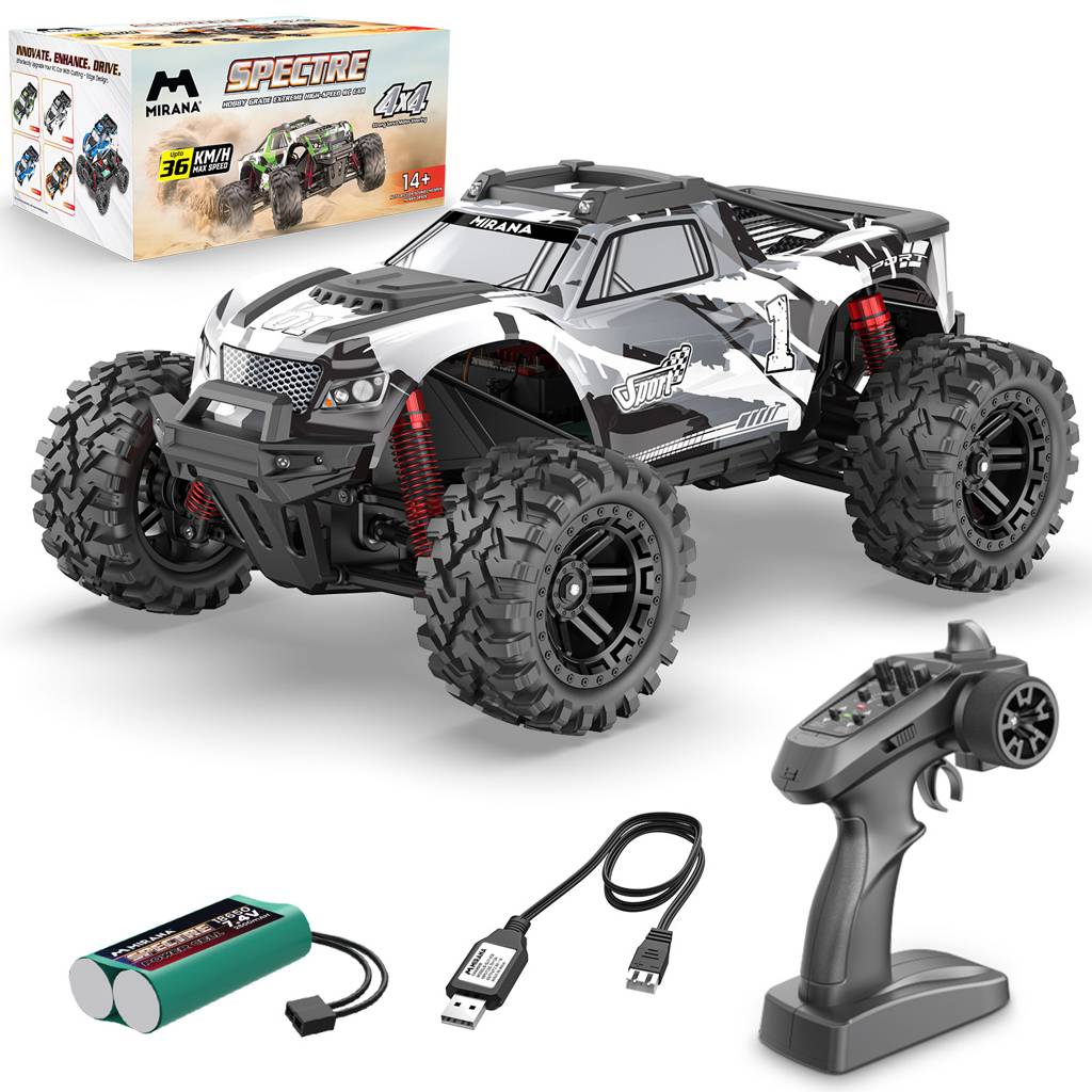Rechargeable Spectre RC monster truck with extended playtime battery.